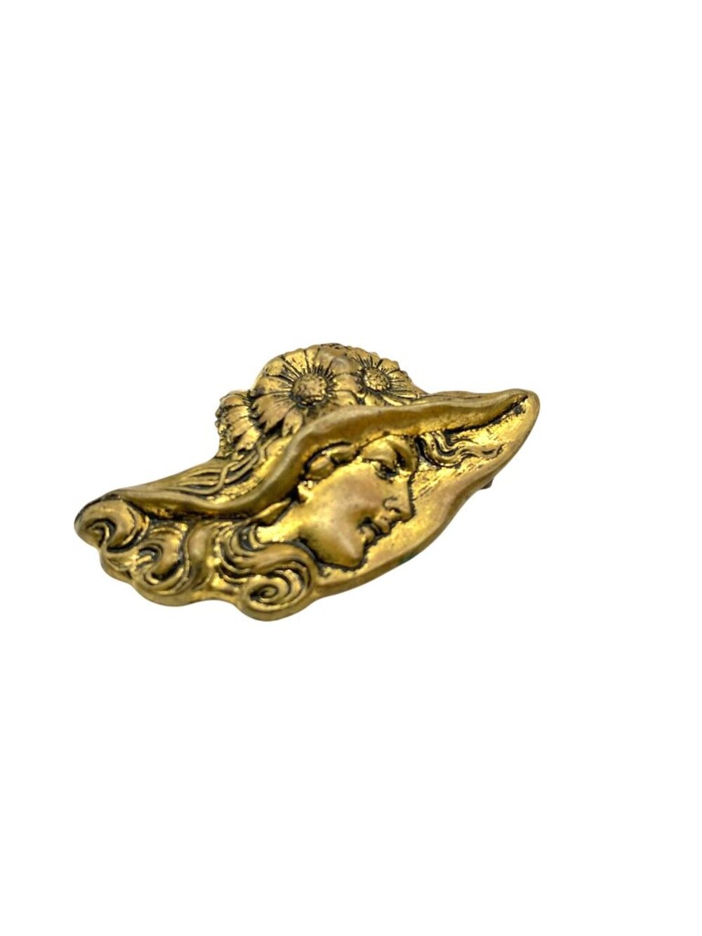 Vintage Brass Repousse Woman Brooch, Art Nouveau Lady in Profile with Floral Hat
